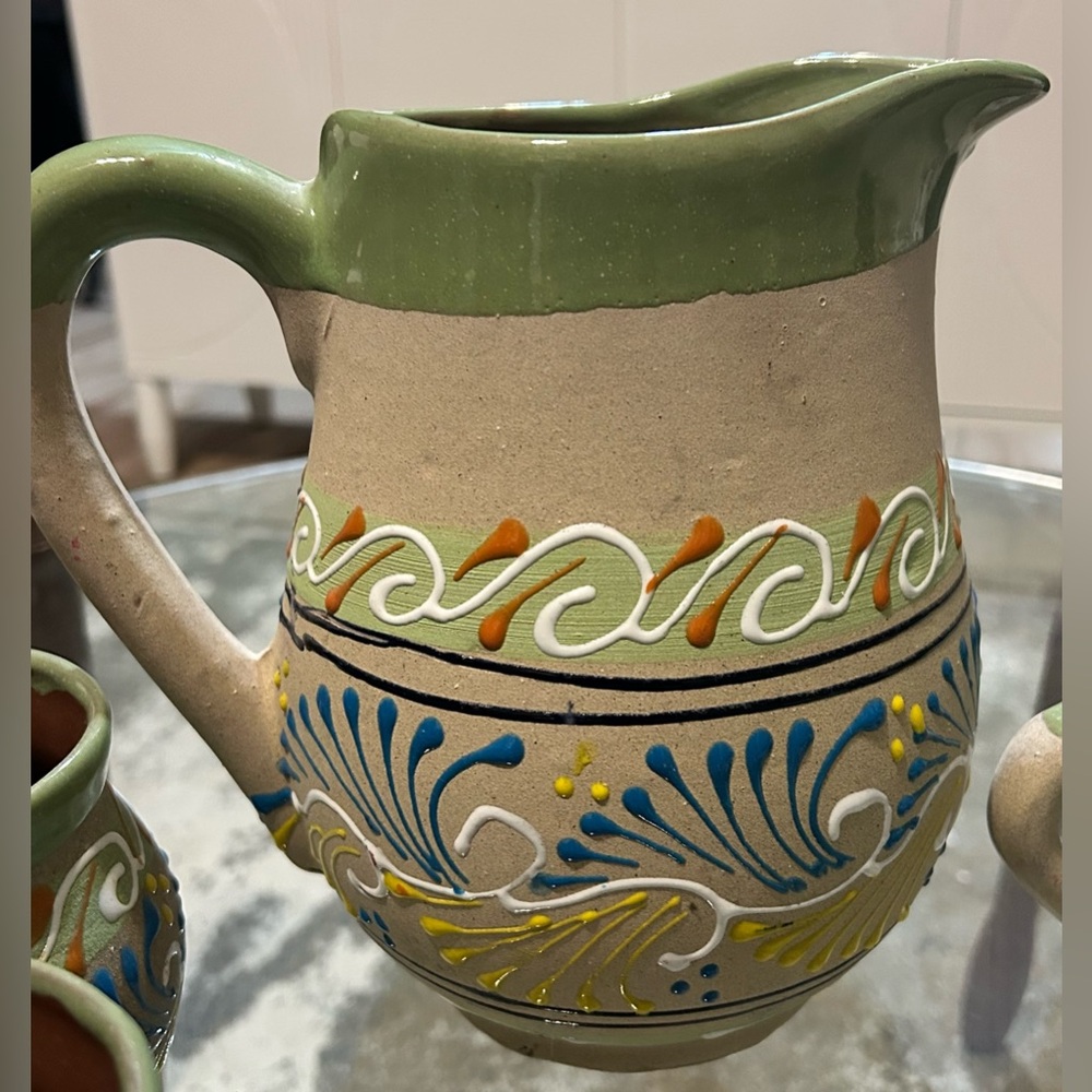 Hand painted  Mexican Clay Pitcher and Cups .Set of 7 - Picture 3 of 9